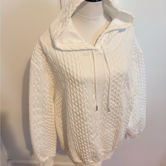 Cozy Cable-Knit Hoodie Sweatshirt in White- Women's Pullover - Picture 2 of 3